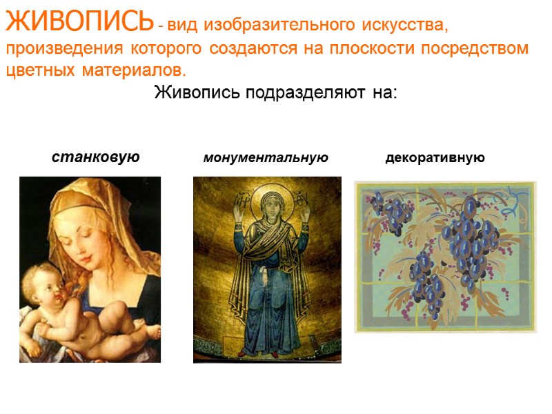 ЖИВОПИСЬ - вид изобразительного искусства, произведения которого создаются на плоскости посредством цветных материалов. ЖИВОПИСЬ - вид изобразительного искусства, произведения которого создаются на плоскости посредством цветных материалов.